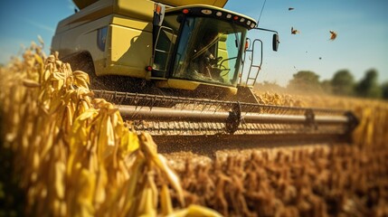 The harvester is working in the corn field