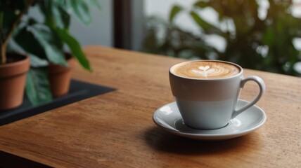 Fototapeta premium Morning Coffee on Wooden Table Terrace