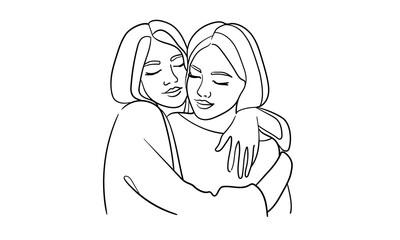 Female friendship, girl hugging her friend, lesbians continuous line art drawing isolated on white background. Vector illustration