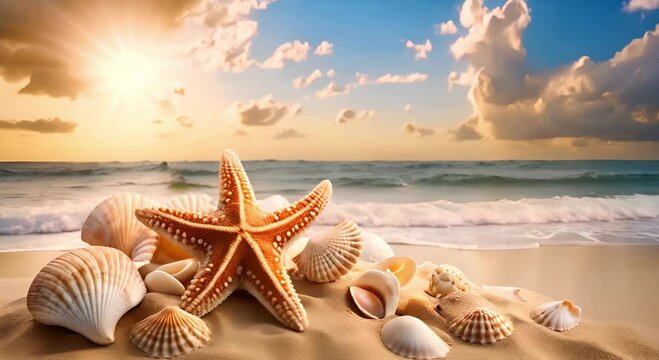 Beach scene with starfish and seashells on the sand, basking in the warm glow of the setting sun. Tranquil beach at sunset with starfish and seashells. Beautiful coastal sunset with starfish and shell