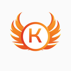 Letter K with Wing Logo. flame or fire gradient color logo.