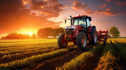 Fototapeta premium A tractor is driving on the field