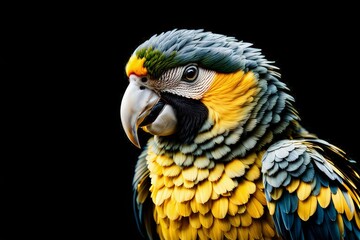 Close-up Of A Vibrant Parrot With A Black Background. The Parrot Features A Bright Yellow Head, Vivid Blue And Green Feathers, And An Intense Gaze From Its Sharp Eyes. Its Large, Curved Beak Is Promin