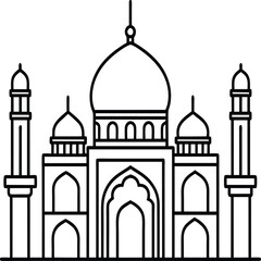 Mosque coloring pages. Outline minaret and dome mosque vector design isolated on white background