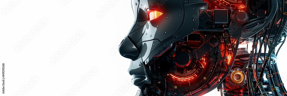 Poster a close-up 3d rendering of an ai robot head with a digital brain engine, isolated on a white backgro
