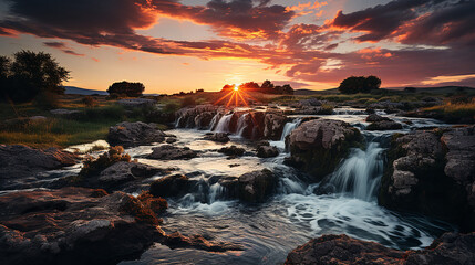 Obraz premium Waterfall at sunset