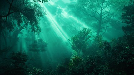 Obraz premium A dense forest at twilight, where the foliage transitions from dark green to vibrant teal, illuminated by ethereal gradient light beams.