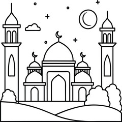 Mosque coloring pages. Outline minaret and dome mosque vector design isolated on white background