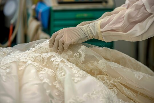 Dry Cleaner Meticulously Handling Wedding Gown for Perfect Preservation and Cleaning