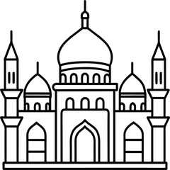 Mosque coloring pages. Outline minaret and dome mosque vector design isolated on white background
