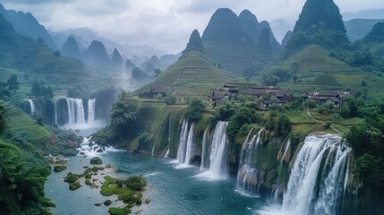 Waterfalls Cascading Through Lush Green Mountains in Vietnam