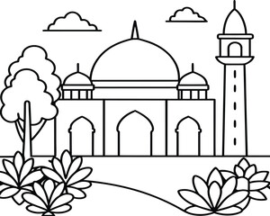 Mosque coloring pages. Outline minaret and dome mosque vector design isolated on white background