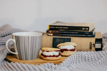 scones and cup of tea on a blanket with books 