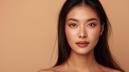 Young woman with a smooth, beautiful face on a brown background