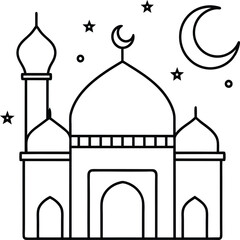 Mosque coloring pages. Outline minaret and dome mosque vector design isolated on white background