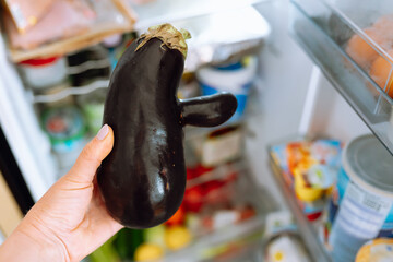 ugly shaped eggplant in woman's hand