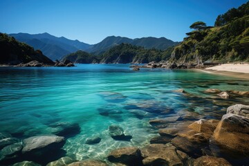 Golden paradise by the sea in Marahau, New Zealand., generative IA