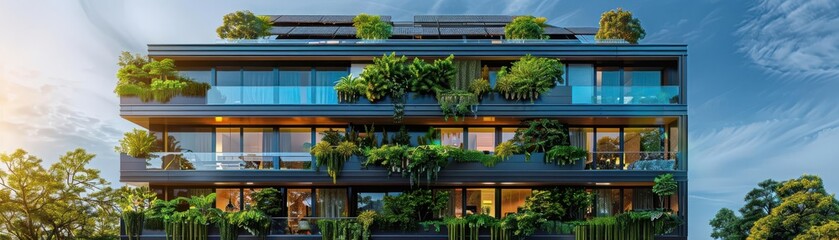 Fototapeta premium Modern building facade with vertical garden elements, combining architecture and nature for sustainable living in an urban environment.