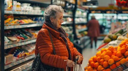 Elderly woman doing shopping in a supermarket