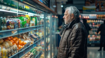 Fototapeta premium Senior man looking at products in a supermarket refrigerator