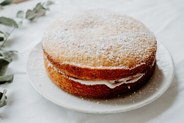 spongecake cake with cream and jam on a plate
