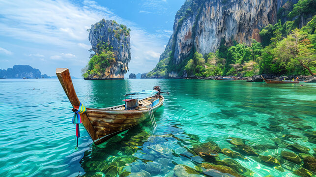 Scenic view of a traditional longtail boat in turquoise waters surrounded by lush cliffs and clear skies in Thailand.