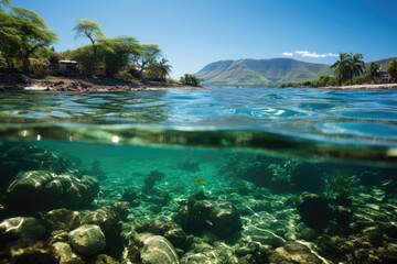 Fototapeta premium Vibrant dive in Grand Baie with coin from Mire in the background., generative IA