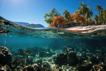 Naklejka premium Vibrant dive in Grand Baie with coin from Mire in the background., generative IA