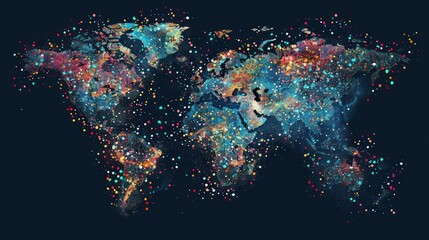 Craft an engaging stock photo that celebrates the beauty of our planet, featuring a world map vector made up of vibrant dots and points, highlighting the diversity of landscapes and ecosystems.