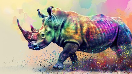 Obraz premium Craft an engaging stock photo that celebrates the natural world with an abstract rhinoceros illustration rendered in vibrant colors and pointillism style, inspiring awe.