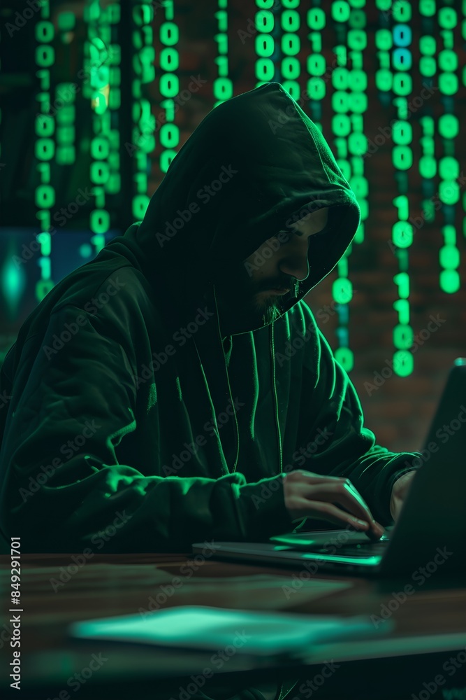 Poster hacker typing on a laptop with green binary code background. dark web, hacker attack, virus infected