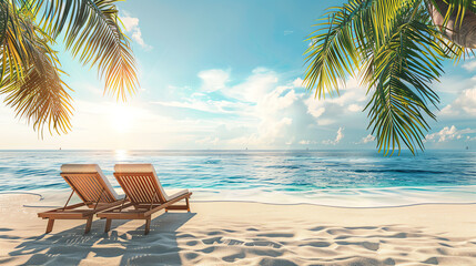 Obraz premium Serene beach scene with two lounge chairs under palm trees, facing a calm ocean during sunrise, perfect for a tropical getaway.