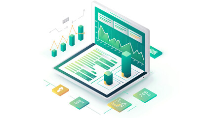 Flat vector illustration of financial data visualization, with a tablet displaying graphs and charts.