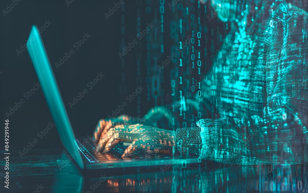 Poster hacker typing on laptop with digital binary code overlay. dark web, hacker attack, virus infected so