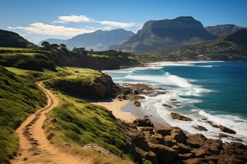 Praia Voëlklip Beach in Overstrand, South Africa mountain swimming paradise., generative IA