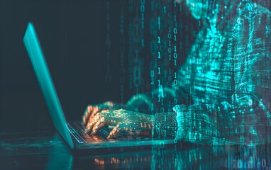 Hacker typing on laptop with digital binary code overlay. Dark web, hacker attack, virus infected software and cyber security concept. Data thief, internet fraud. Future technology