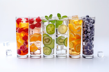 Colorful summer cocktails with fruits and berries on a white background.