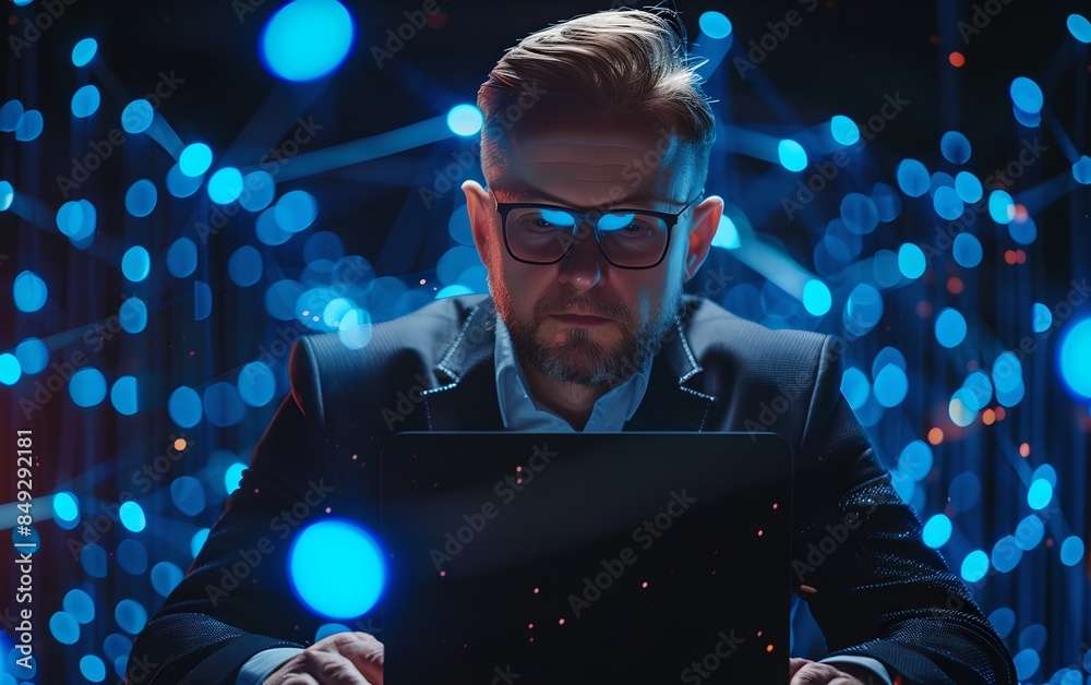 Poster businessman working on laptop with digital network background. cybersecurity and programming concept