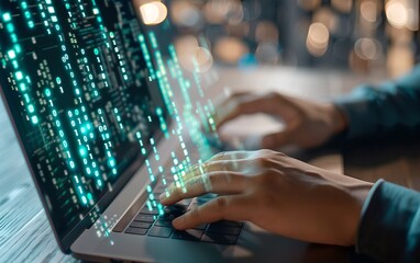 Hands typing on laptop with digital code overlay. Cybersecurity and programming concept. Advanced software development. Innovative digital technology and network protection