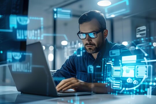 Man working on laptop with digital interface overlay. Cybersecurity and programming concept. Advanced software development. Innovative digital technology and network protection