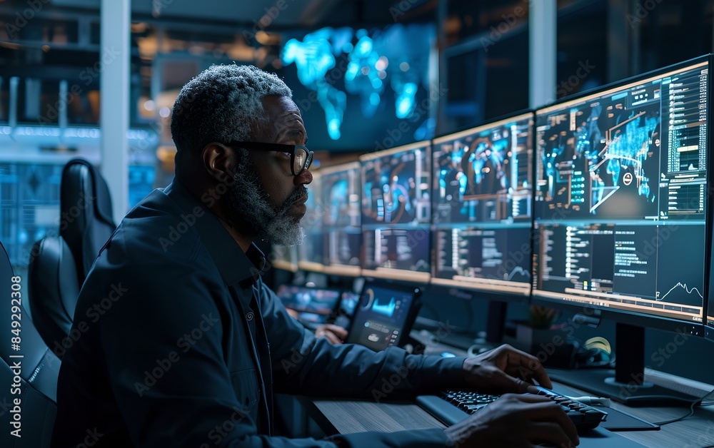 Poster man in command center monitoring multiple screens. african american expert. cybersecurity and progra