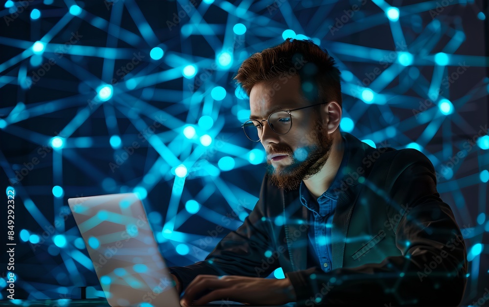 Poster man working on laptop with digital network background. cybersecurity and programming concept. advanc
