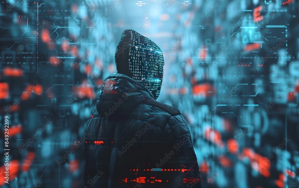 Poster Hacker with digital abstract network background. Dark web, hacker attack, virus infected software and cyber security concept. Data thief, internet fraud. Hooded anonymous programmer