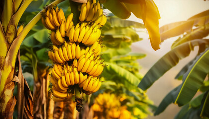 Yellow banana fruit or hanging ripe yellow banana tree.