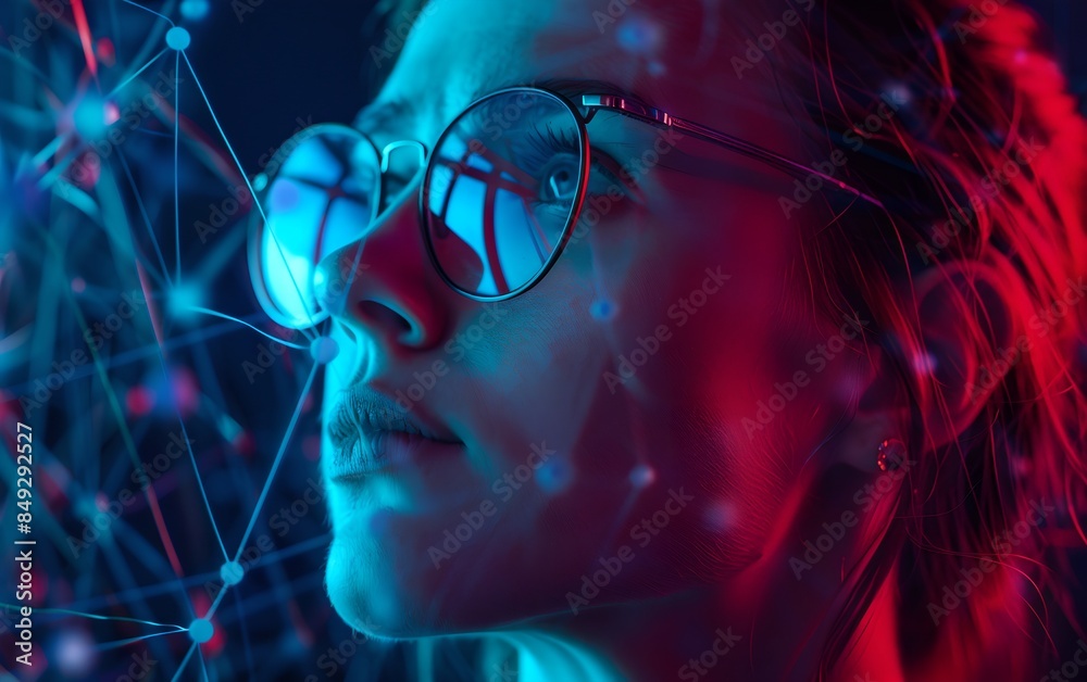 Poster close-up portrait of woman with digital network background. cybersecurity and programming concept. a