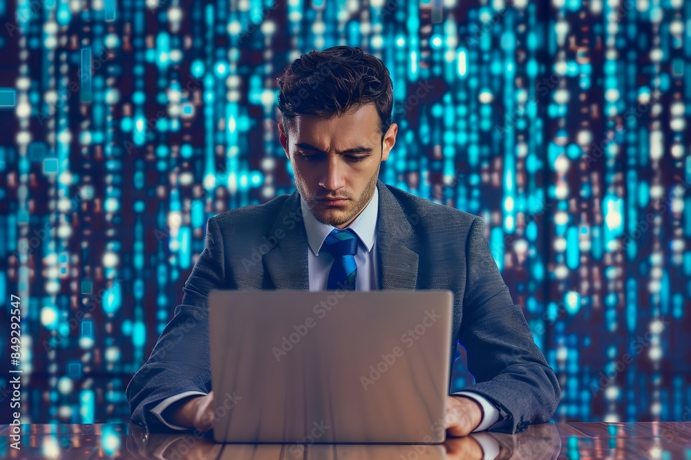 Poster businessman working on laptop with digital code background. cybersecurity and programming concept. a