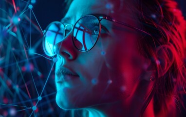 Close-up portrait of woman with digital network background. Cybersecurity and programming concept. Advanced software development. Innovative digital technology and network protection