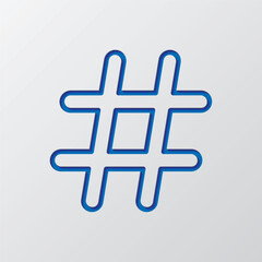 Hashtag simple icon vector. Flat design. Paper cut design. Cutted blue symbol with shadow. Gray background