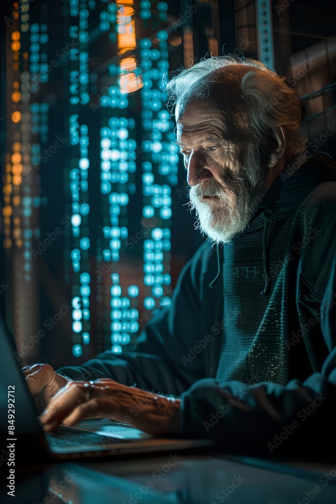 Poster elderly man working on laptop with digital code overlay. cybersecurity and programming concept. adva