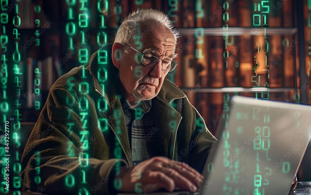 Poster elderly man working on laptop with digital code overlay. cybersecurity and programming concept. adva
